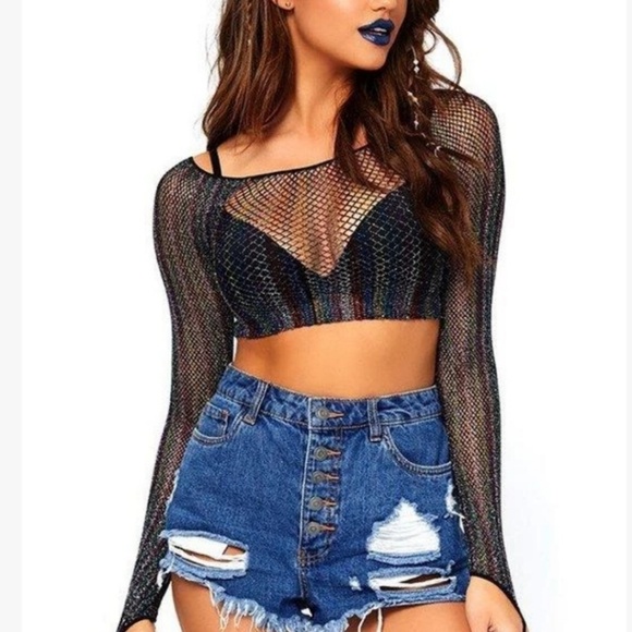 Leg Avenue Tops - Rainbow Rave glitter long sleeved crop top